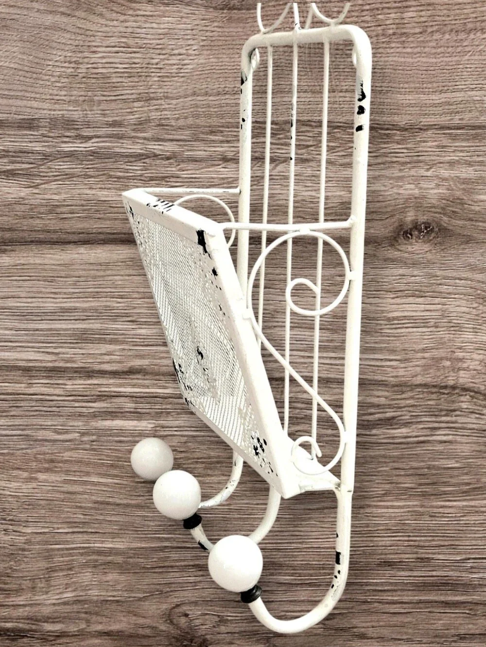 Shabby White Metal Wall Basket w Hangers Cottagecore Kitchen Bathroom Garden